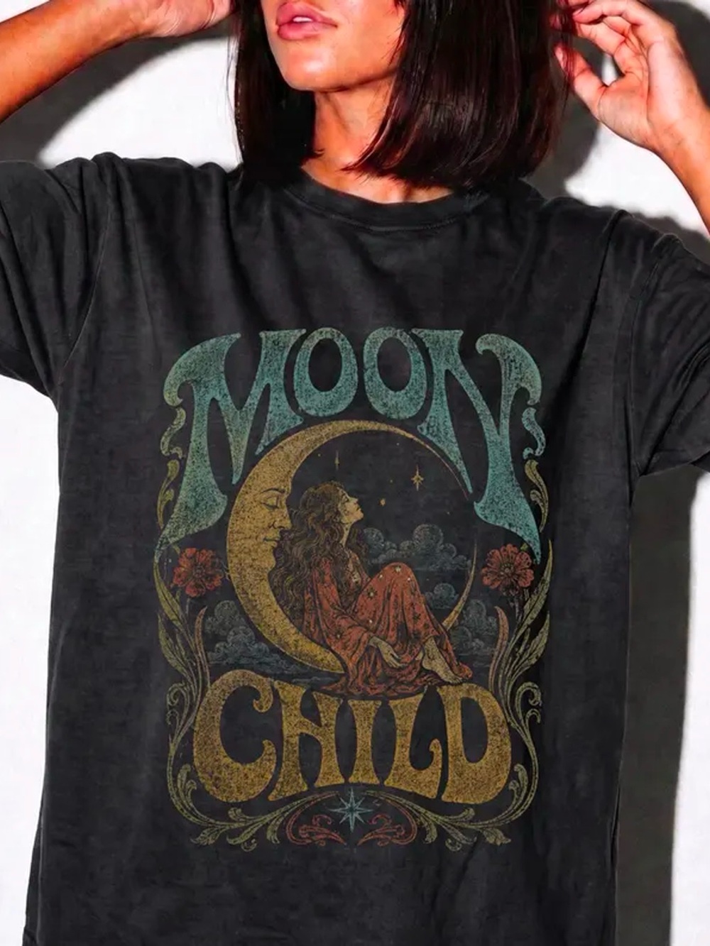 Mystical Moon Child Bohemian Celestial Black T-Shirt